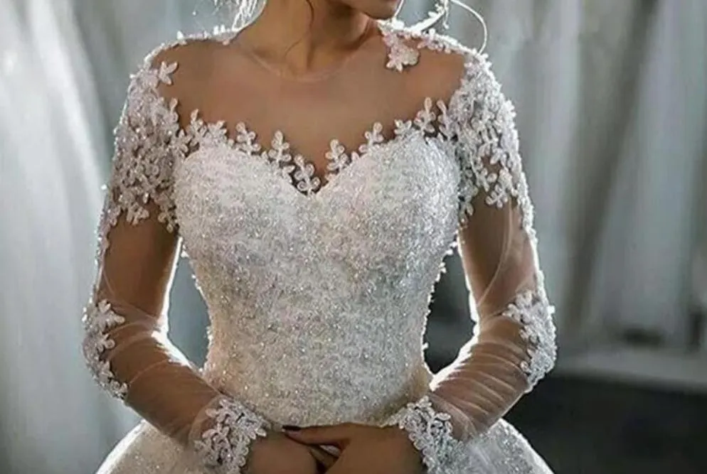 Wedding Dresses Long Sleeve Boat Neck Button Appliques Ribbon Ball Gown