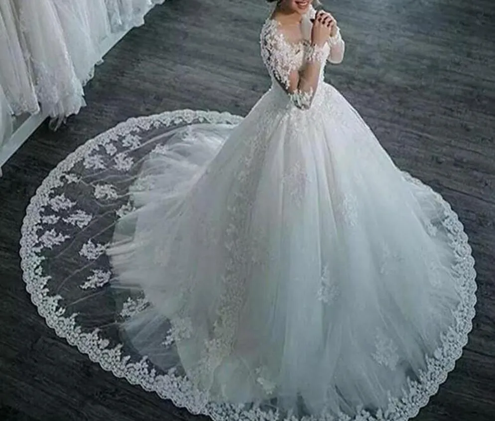 Wedding Dresses Long Sleeve Boat Neck Button Appliques Ribbon Ball Gown