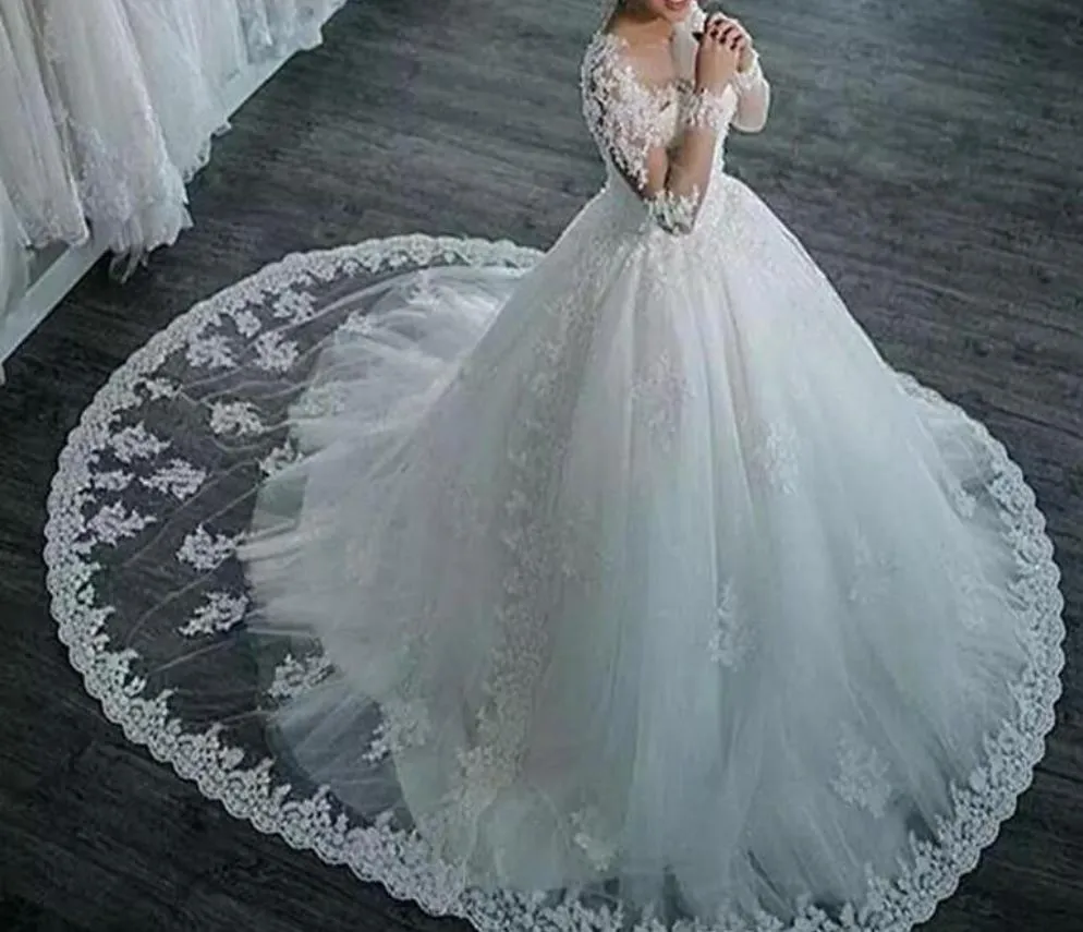 Wedding Dresses Long Sleeve Boat Neck Button Appliques Ribbon Ball Gown